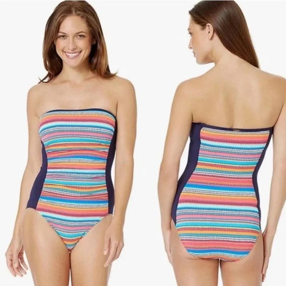 Anne Cole Stripe One Piece Bandeau Swimsuit Sz 10 Triangle Side Multicolor - Picture 7 of 14